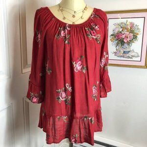 Westport Red with Floral Embroidery Top (Size L)